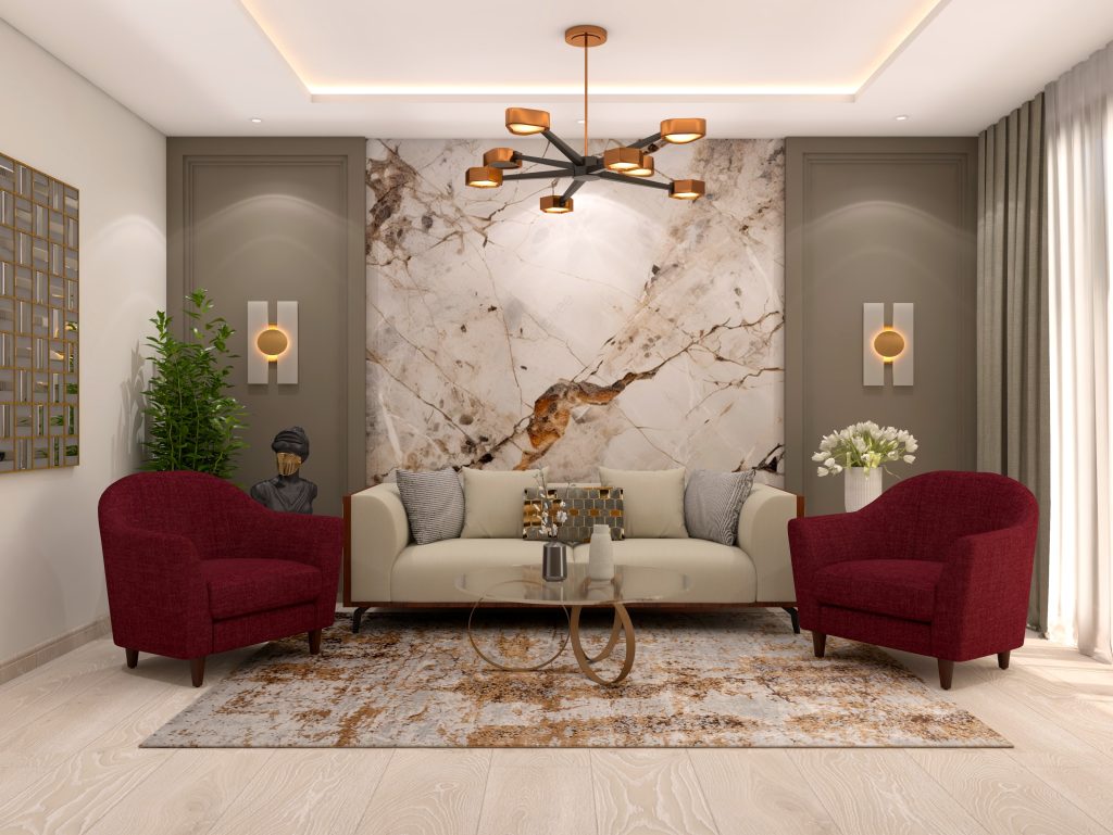 Living room with central cream upholstered sofa and maroon armch